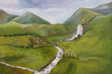 Gemälde von Wasserfall in schottischer Landschaft